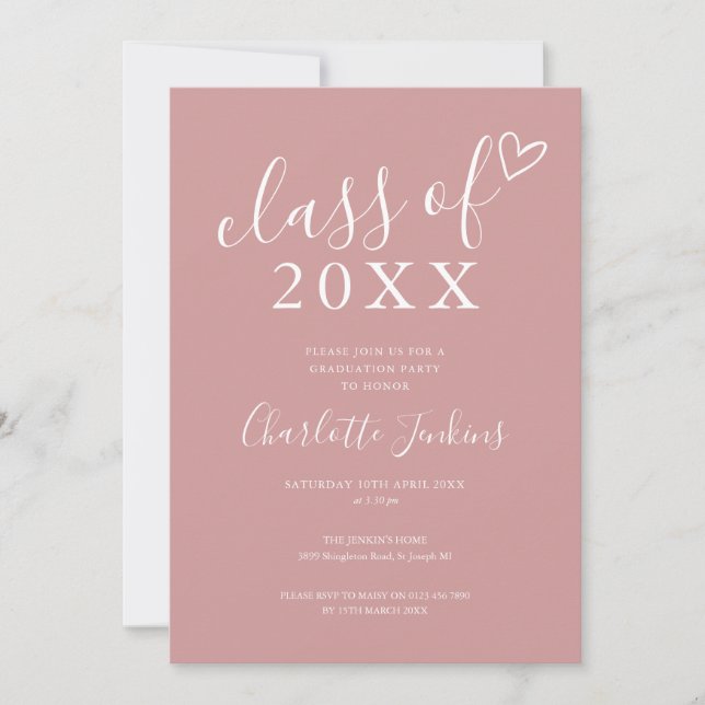 Dusty Rose Class of Script Heart Graduation Party Invitation (Front)