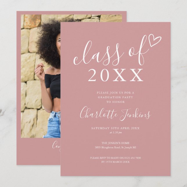 Dusty Rose Class of Script Photo Graduation Party Invitation (Front/Back)