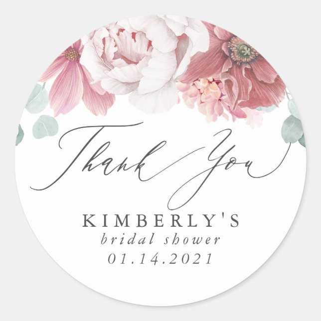 Dusty Rose Colour Floral Thank You Classic Round Sticker (Front)