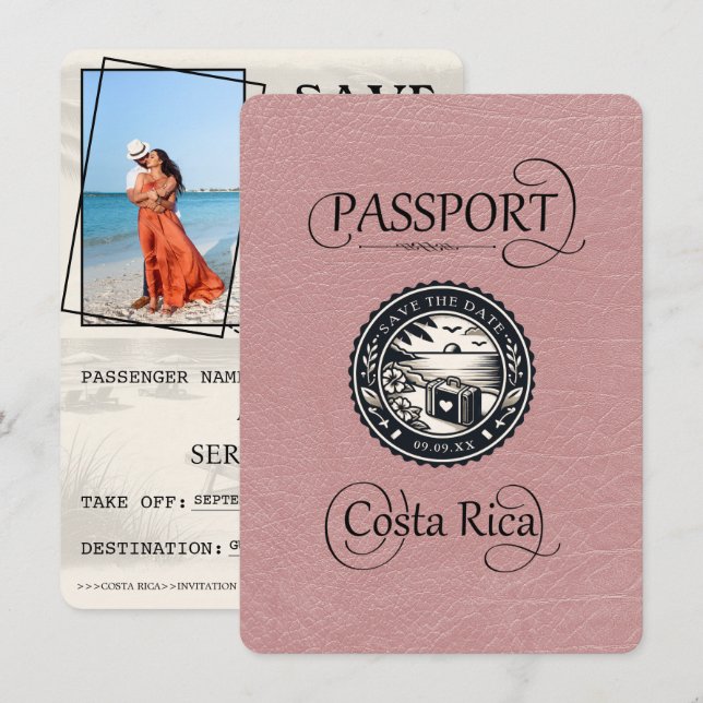 Dusty Rose Costa Rica Passport Save The Date (Front/Back)