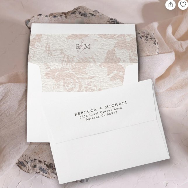 Dusty Rose Delicate Botanical Monogram Wedding Envelope (Creator Uploaded)