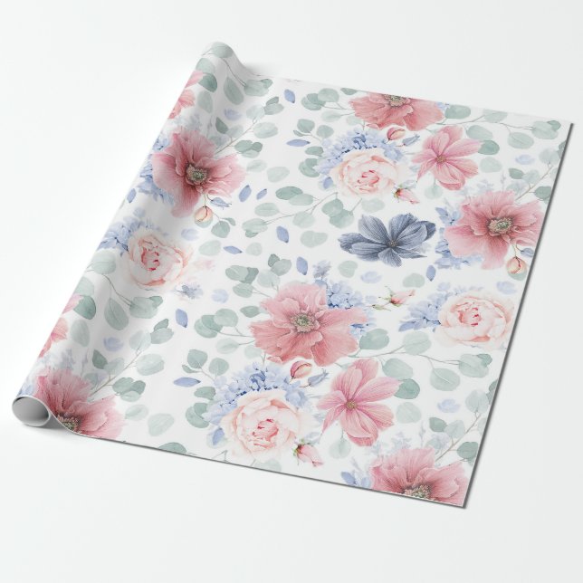 Dusty Rose Dusty Blue Floral Pattern Elegant Wrapping Paper (Unrolled)