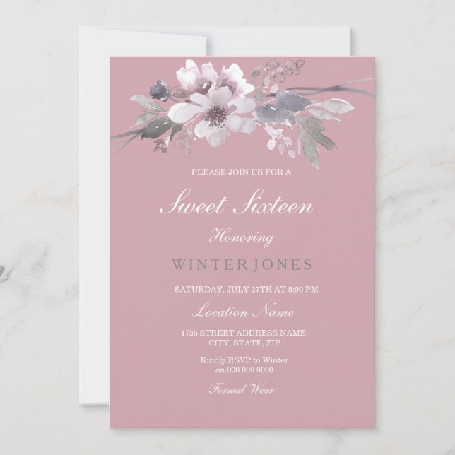 Dusty rose élégant Floral Sweet 16 Invitation (Devant)