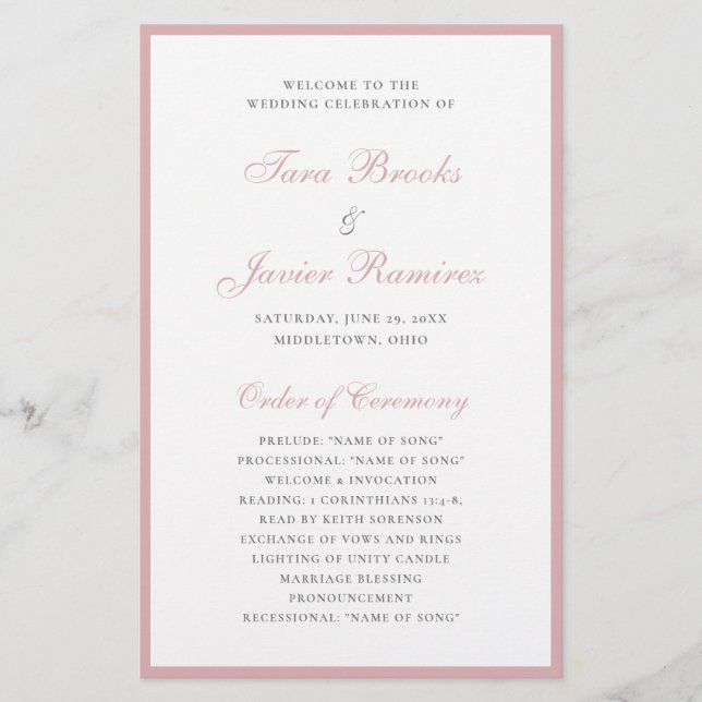 Dusty Rose Elegant Formal Budget Wedding Program (Front)