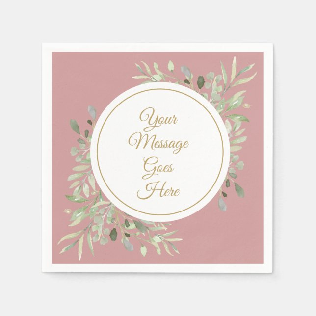 Dusty Rose Elegant Gold Script Greenery Napkin (Front)
