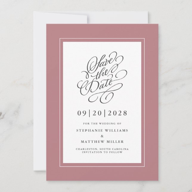 Dusty Rose Elegant Pink Wedding Calligraphy Script Save The Date (Front)