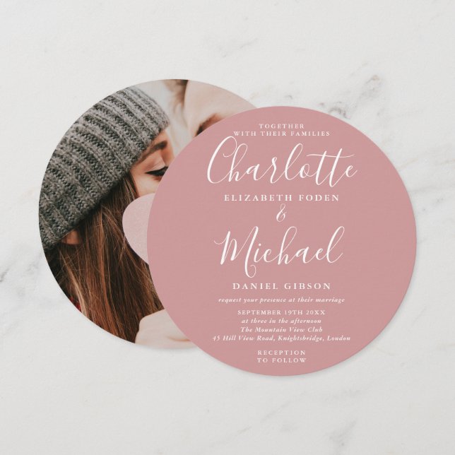 Dusty Rose Elegant Script Circular Photo Wedding Invitation (Front/Back)