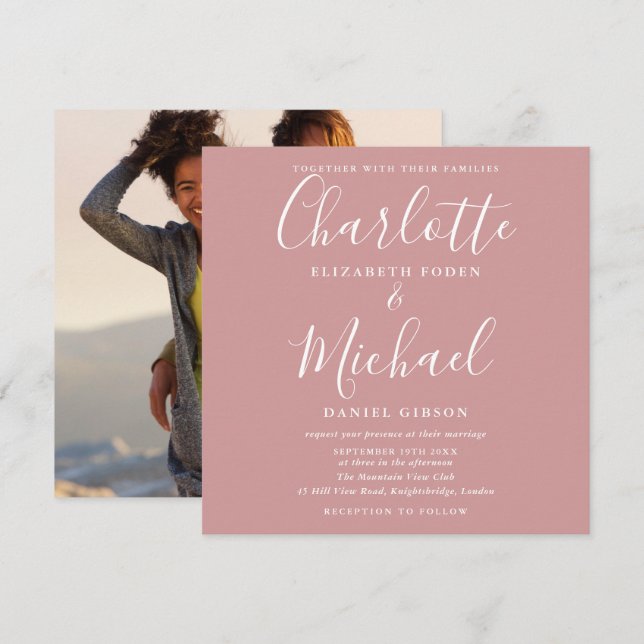 Dusty Rose Elegant Script Wedding Photo Invitation (Front/Back)