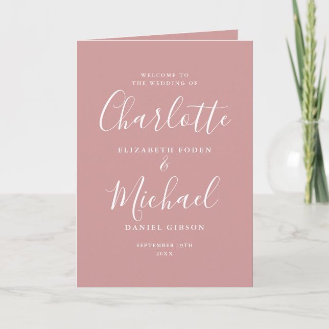 Dusty Rose Elegant Signature Script Wedding Program (Front)