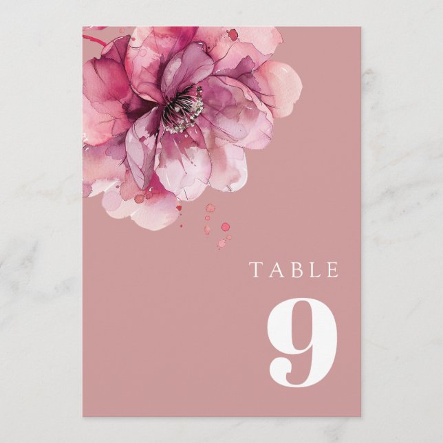 Dusty Rose Elegant Watercolor Floral Table Number (Front)