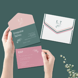 Dusty Rose Emerald Green Simple Modern Wedding All In One Invitation