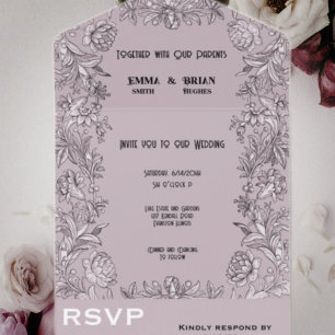 Dusty rose etched floral All in One Wedding Invite