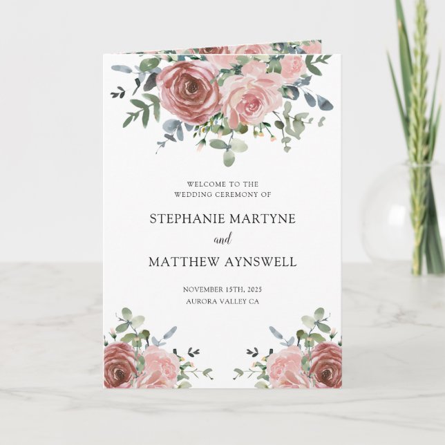Dusty Rose Eucalyptus Botanical Wedding Program (Front)