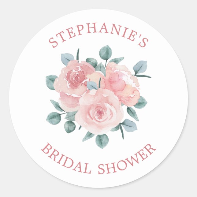 Dusty Rose Eucalyptus Floral Bridal Shower Classic Classic Round Sticker (Front)