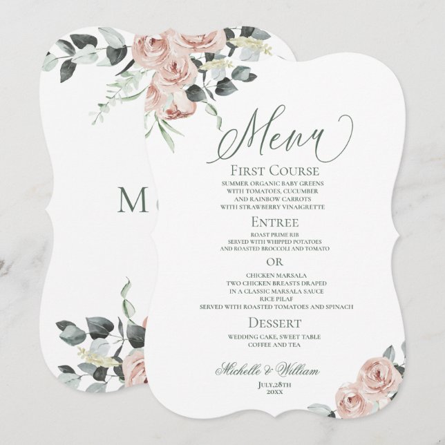 Dusty Rose Eucalyptus Floral Wedding   Menu (Front/Back)