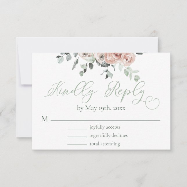 Dusty Rose Eucalyptus Light Greenery Wedding RSVP Card (Front)