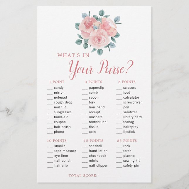 Dusty Rose Eucalyptus Purse Bridal Shower Game (Front)