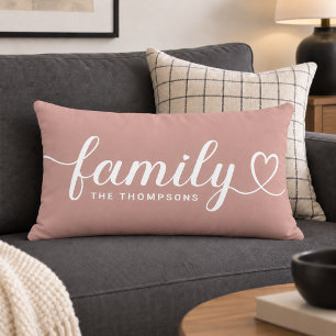 Dusty Rose Family Heart Script Monogram Lumbar Pillow