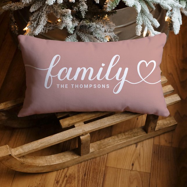 Dusty Rose Family Heart Script Monogram Lumbar Pillow (Creator Uploaded)