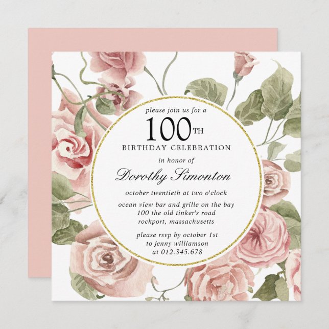 Dusty Rose Floral 100e Invitation anniversaire (Devant / Derrière)