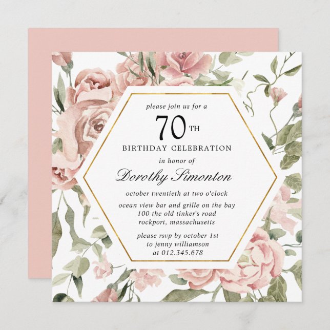 Dusty Rose Floral 70e anniversaire Invitation (Devant / Derrière)