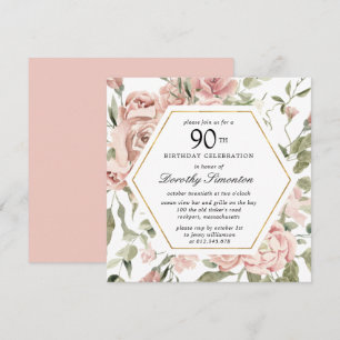 Dusty Rose Floral 90e Invitation anniversaire