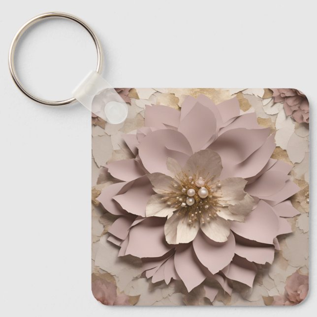 Dusty Rose Floral Aluminum Square Keychain (Front)