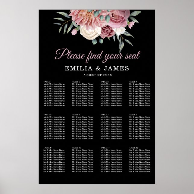 Dusty Rose Floral black Wedding Seating Chart (Front)