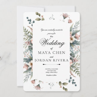 Dusty Rose Floral Botanical Border Elegant Script Invitation