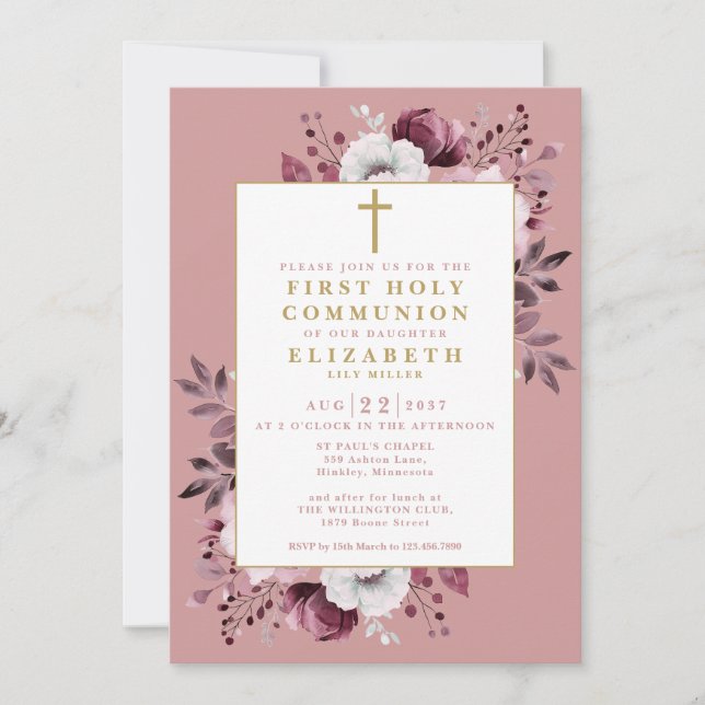 Dusty Rose Floral Botanical First Holy Communion Invitation (Front)