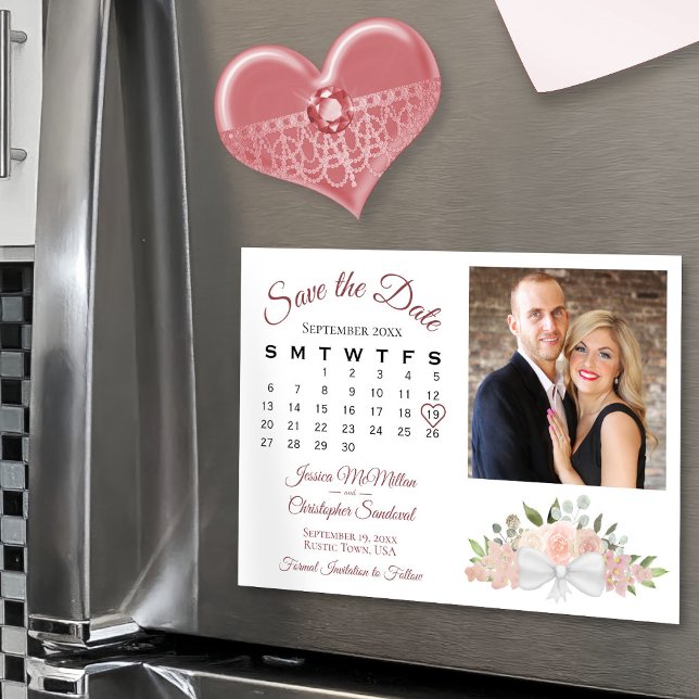 Dusty Rose Floral Calendar Photo Save the Date Magnetic Invitation (Magnetic for Easy Display!)