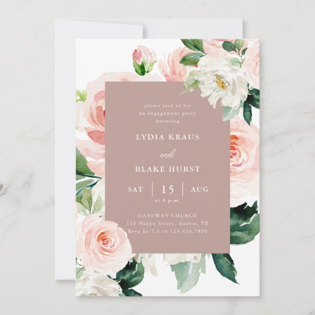 Dusty Rose Floral Calligraphy Engagement Party Invitation (Front)
