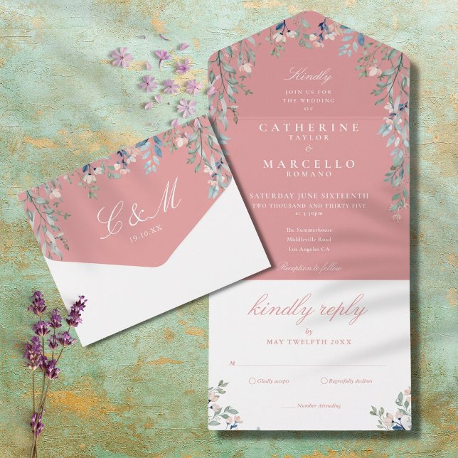 Dusty Rose Floral Cascade Monogram Wedding All In One Invitation (Creator Uploaded)