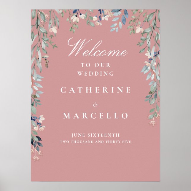 Dusty Rose Floral Cascade Wedding Welcome Sign (Front)