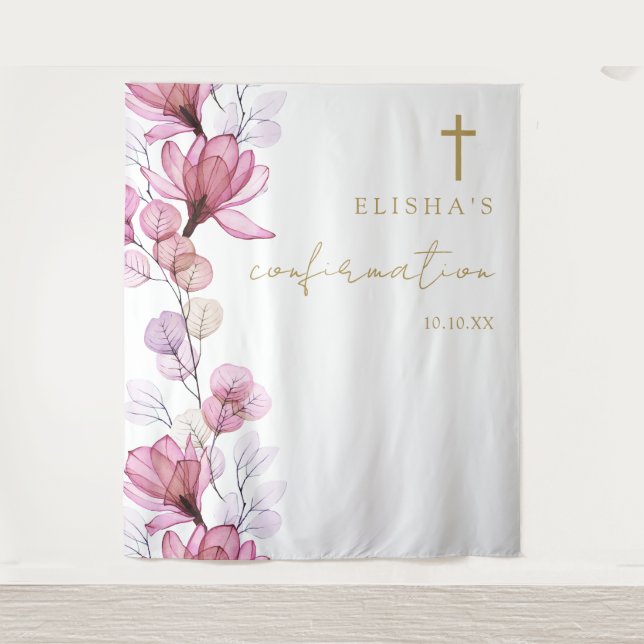 Dusty Rose Floral Confirmation Photo Backdrop Tapestry (Front)