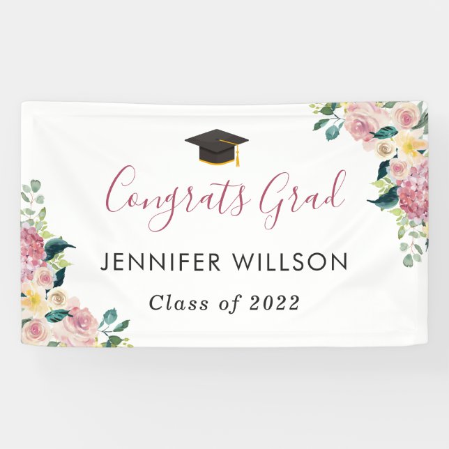 Dusty Rose Floral Congrats Grad Graduation Party Banner (Horizontal)