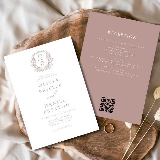 Dusty Rose Floral Crest Monogram Wedding QR Code Invitation (Creator Uploaded)