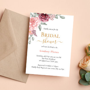 Dusty Rose Floral Elegant Gold Bridal Shower Invitation
