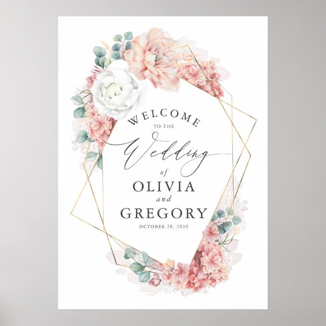 Dusty Rose Floral Elegant Greenery Wedding Welcome Poster (Front)