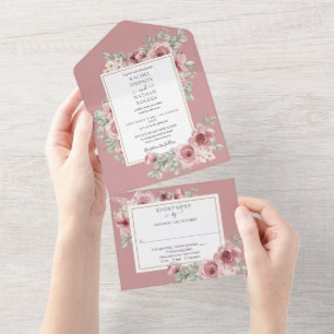 Dusty Rose Floral Elegant Modern Wedding All In One Invitation