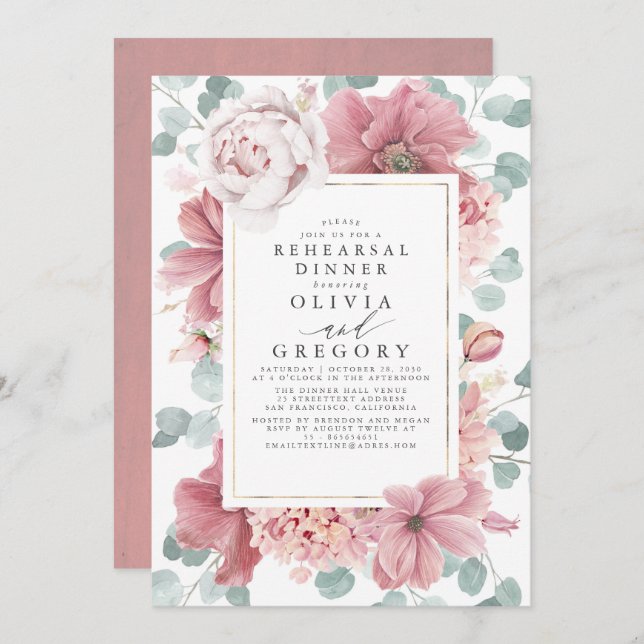 Dusty Rose Floral Elegant Rehearsal Dinner Invitation (Front/Back)