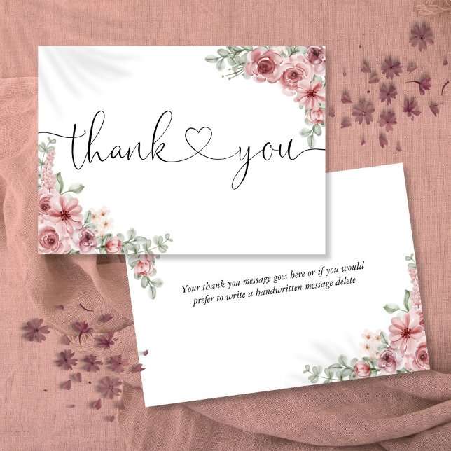 Dusty Rose Floral Elegant Script Heart Thank You Card (Dusty Rose Floral Elegant Script Heart Thank You Card)