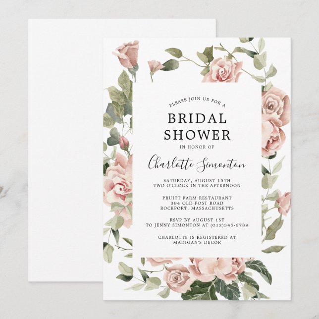Dusty Rose Floral Eucalyptus Bridal Shower Invitation (Front/Back)
