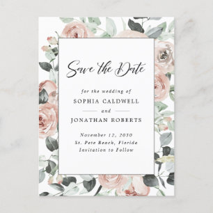 Dusty Rose Floral Eucalyptus Save the Date Announcement Postcard
