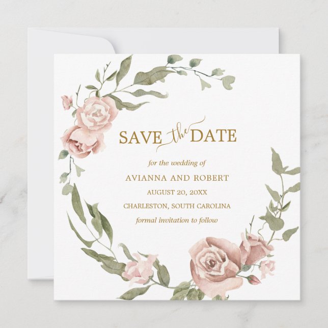 Dusty Rose Floral Eucalyptus Wedding Save The Date (Front)