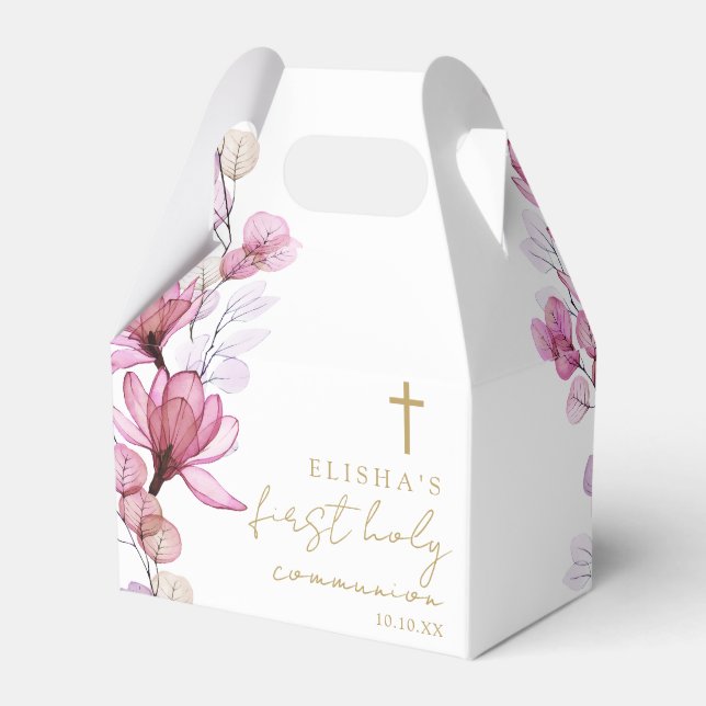 Dusty Rose Floral First Holy Communion Favor Box (Front Side)