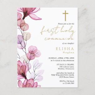 Dusty Rose Floral First Holy Communion Invitation