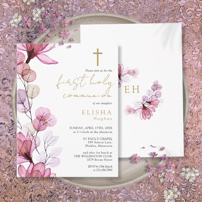 Dusty Rose Floral First Holy Communion Invitation (Dusty Rose Floral First Holy Communion Invitation Postcard)