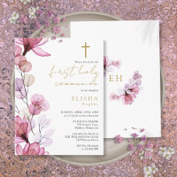 Dusty Rose Floral First Holy Communion Invitation