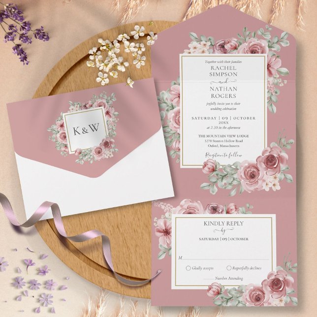 Dusty Rose Floral Gold Geometric Wedding All In One Invitation (Creator Uploaded)